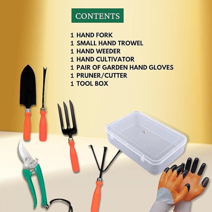 6 in 1 Garden Tools Set | Home Gardening Kit| Cultivator | Fork | Trowel | Weeder | Garden Gloves | Pruner Cutter & Free Tool Box | Gardening Kit - UrbanTeer