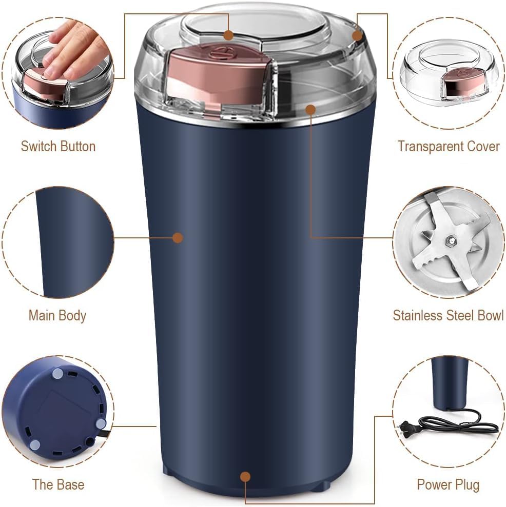 UrbanTeer™ Electric Coffee & Spice Grinder – Stainless Steel, One-Touch Portable Grinder for Herbs, Grains & Nuts