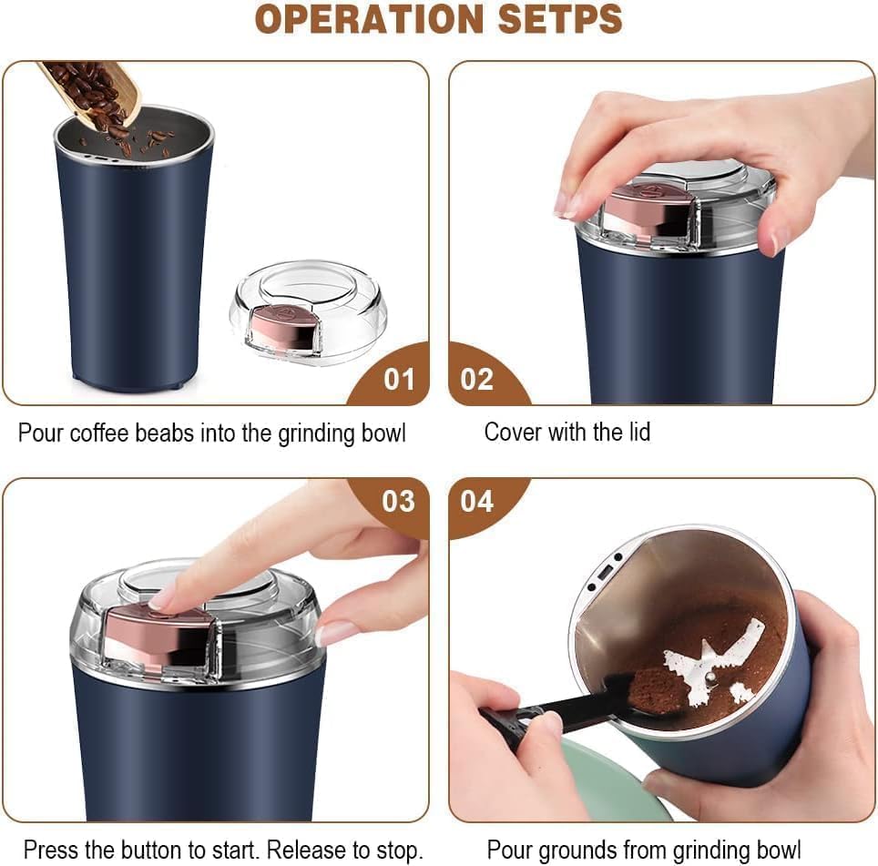 UrbanTeer™ Electric Coffee & Spice Grinder – Stainless Steel, One-Touch Portable Grinder for Herbs, Grains & Nuts