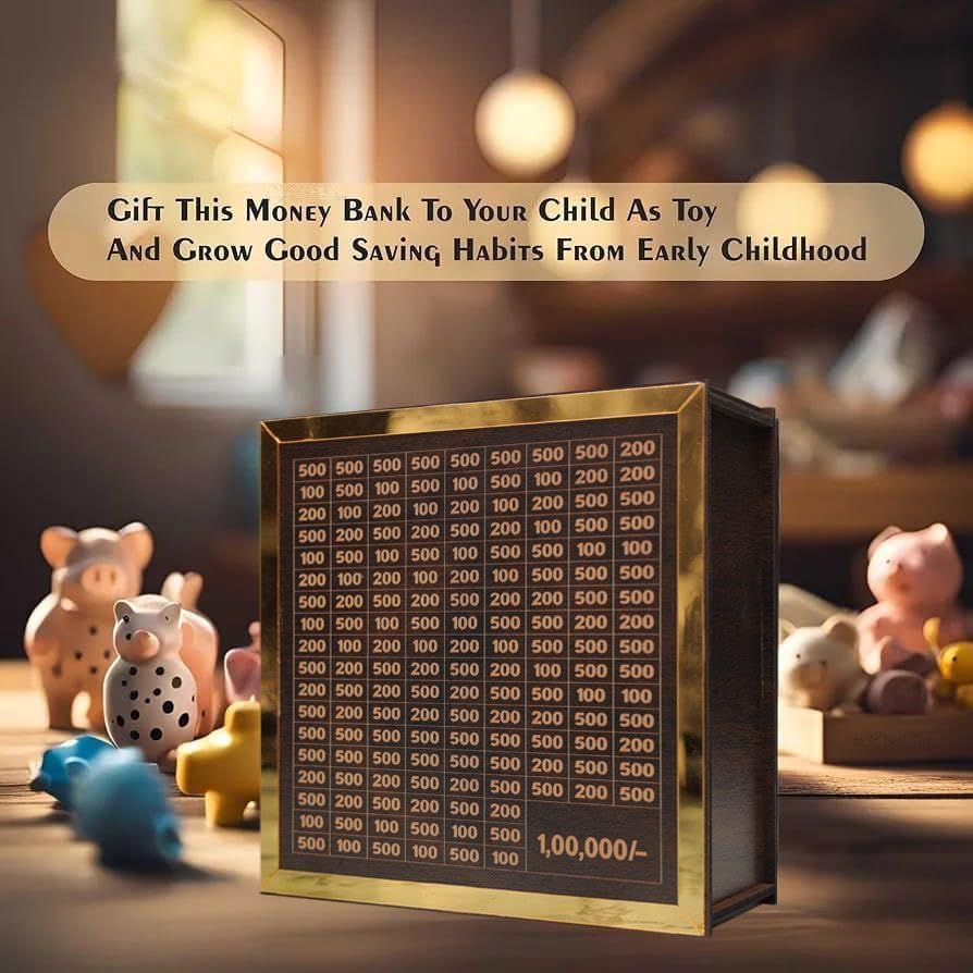 UrbanTeer™ Wooden Piggy Bank for Kids & Adults – Money Saving Box with Carved Design | Coin Bank, Cash Vault, Savings Challenge Box with Emoji Pen | Detachable Wooden Money Box