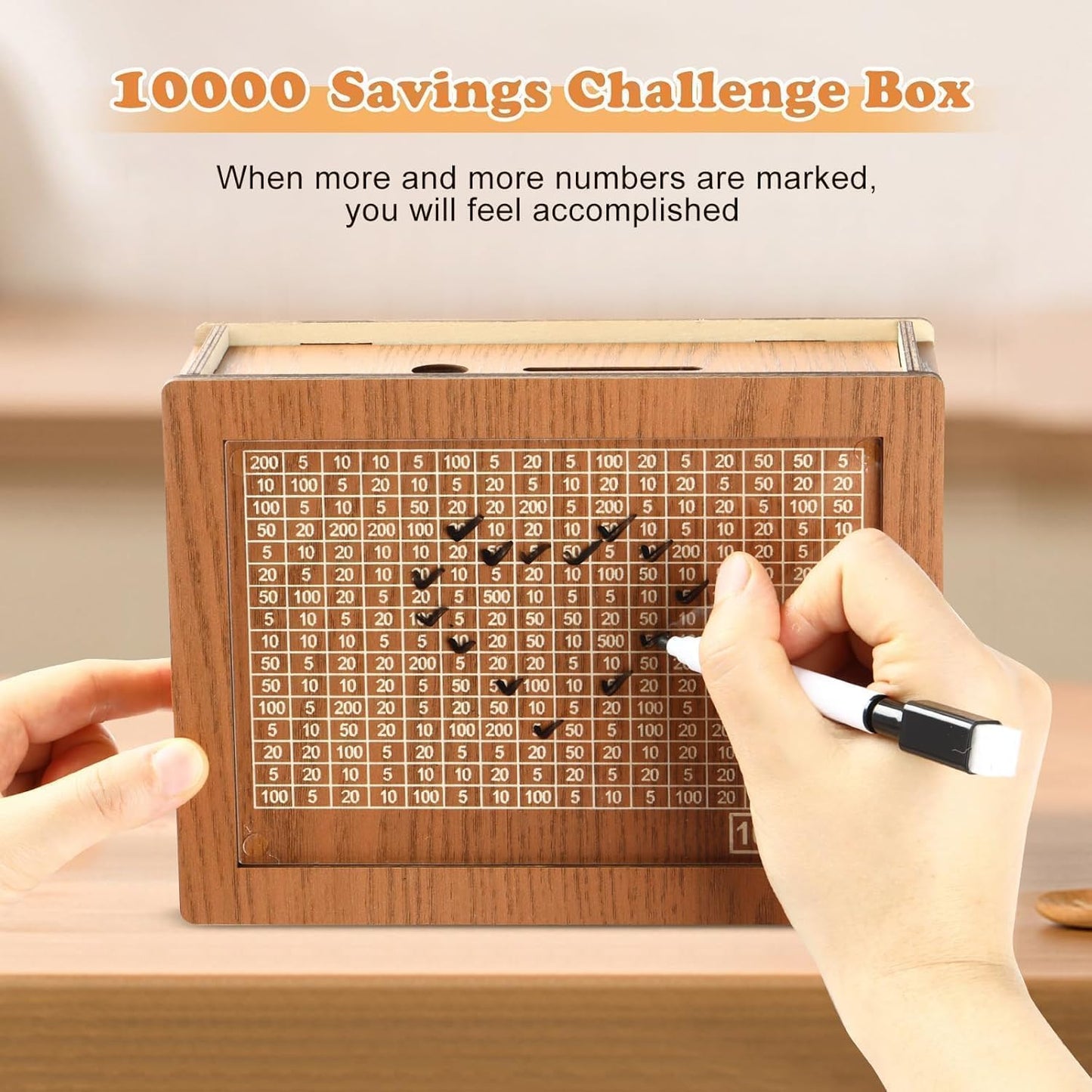 UrbanTeer™ Wooden Piggy Bank for Kids & Adults – Money Saving Box with Carved Design | Coin Bank, Cash Vault, Savings Challenge Box with Emoji Pen | Detachable Wooden Money Box