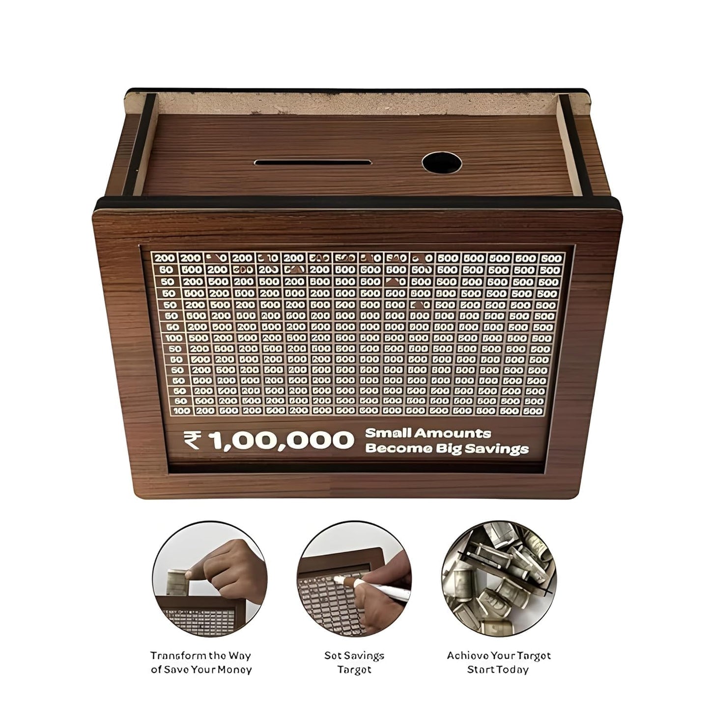 UrbanTeer™ Wooden Piggy Bank for Kids & Adults – Money Saving Box with Carved Design | Coin Bank, Cash Vault, Savings Challenge Box with Emoji Pen | Detachable Wooden Money Box
