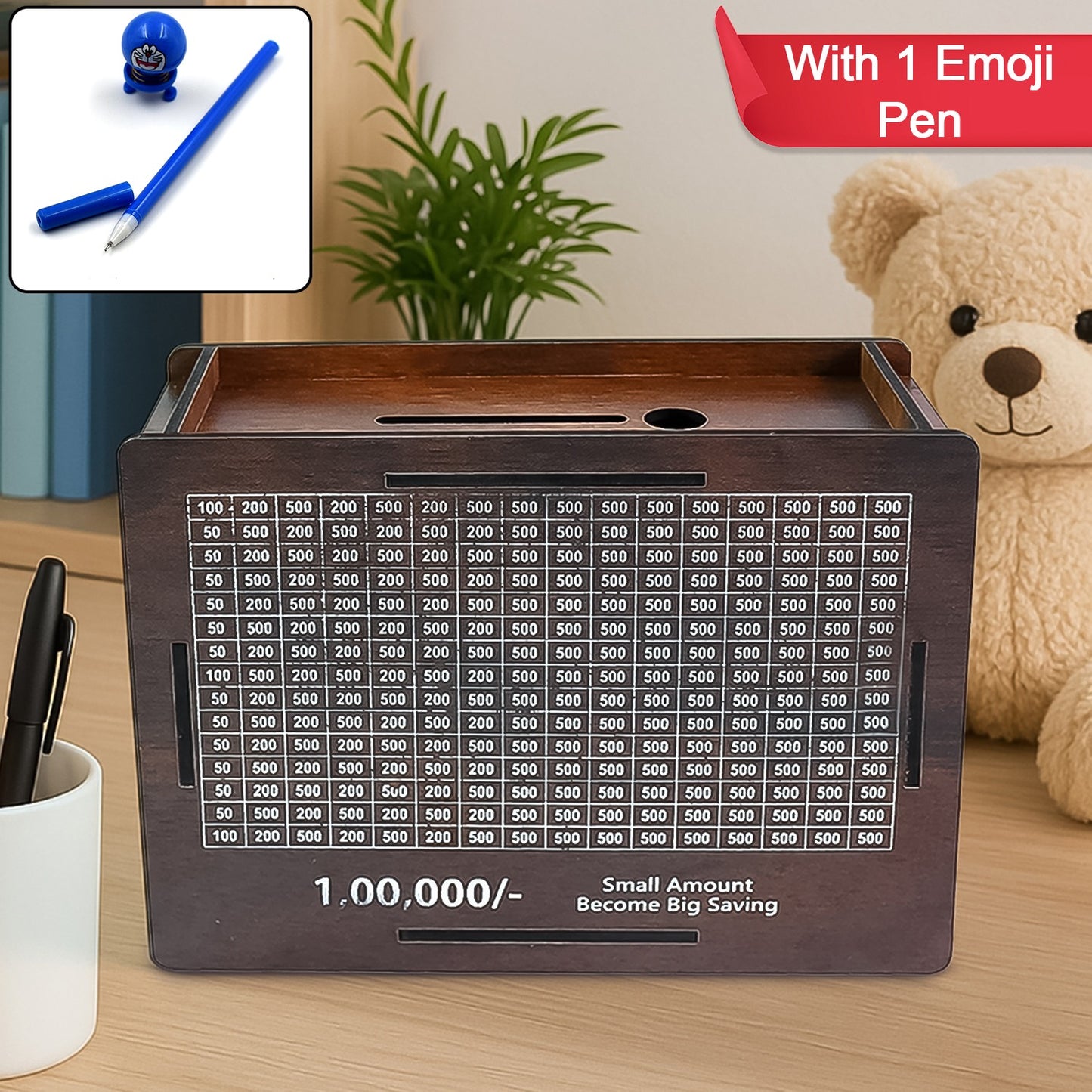UrbanTeer™ Wooden Piggy Bank for Kids & Adults – Money Saving Box with Carved Design | Coin Bank, Cash Vault, Savings Challenge Box with Emoji Pen | Detachable Wooden Money Box