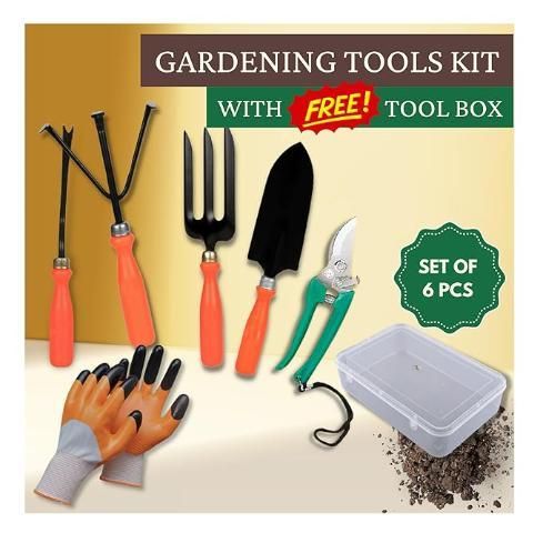 6 in 1 Garden Tools Set | Home Gardening Kit| Cultivator | Fork | Trowel | Weeder | Garden Gloves | Pruner Cutter & Free Tool Box | Gardening Kit - UrbanTeer 