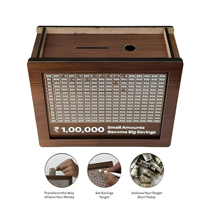 UrbanTeer™ Wooden Piggy Bank for Kids & Adults – Money Saving Box with Carved Design | Coin Bank, Cash Vault, Savings Challenge Box with Emoji Pen | Detachable Wooden Money Box