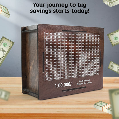 UrbanTeer™ Wooden Piggy Bank for Kids & Adults – Money Saving Box with Carved Design | Coin Bank, Cash Vault, Savings Challenge Box with Emoji Pen | Detachable Wooden Money Box