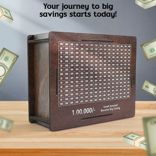 UrbanTeer™ Wooden Piggy Bank for Kids & Adults – Money Saving Box with Carved Design | Coin Bank, Cash Vault, Savings Challenge Box with Emoji Pen | Detachable Wooden Money Box