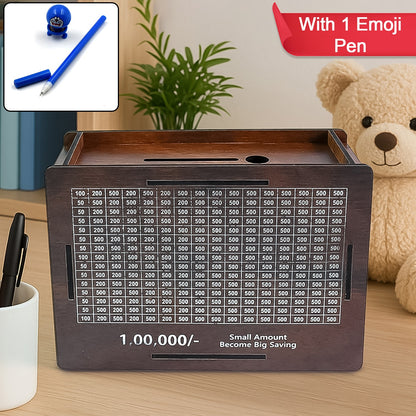 UrbanTeer™ Wooden Piggy Bank for Kids & Adults – Money Saving Box with Carved Design | Coin Bank, Cash Vault, Savings Challenge Box with Emoji Pen | Detachable Wooden Money Box